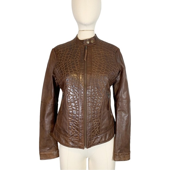 Burns 1876 Leather Embossed Zip Up Jacket Brown Size Small - Picture 1 of 11